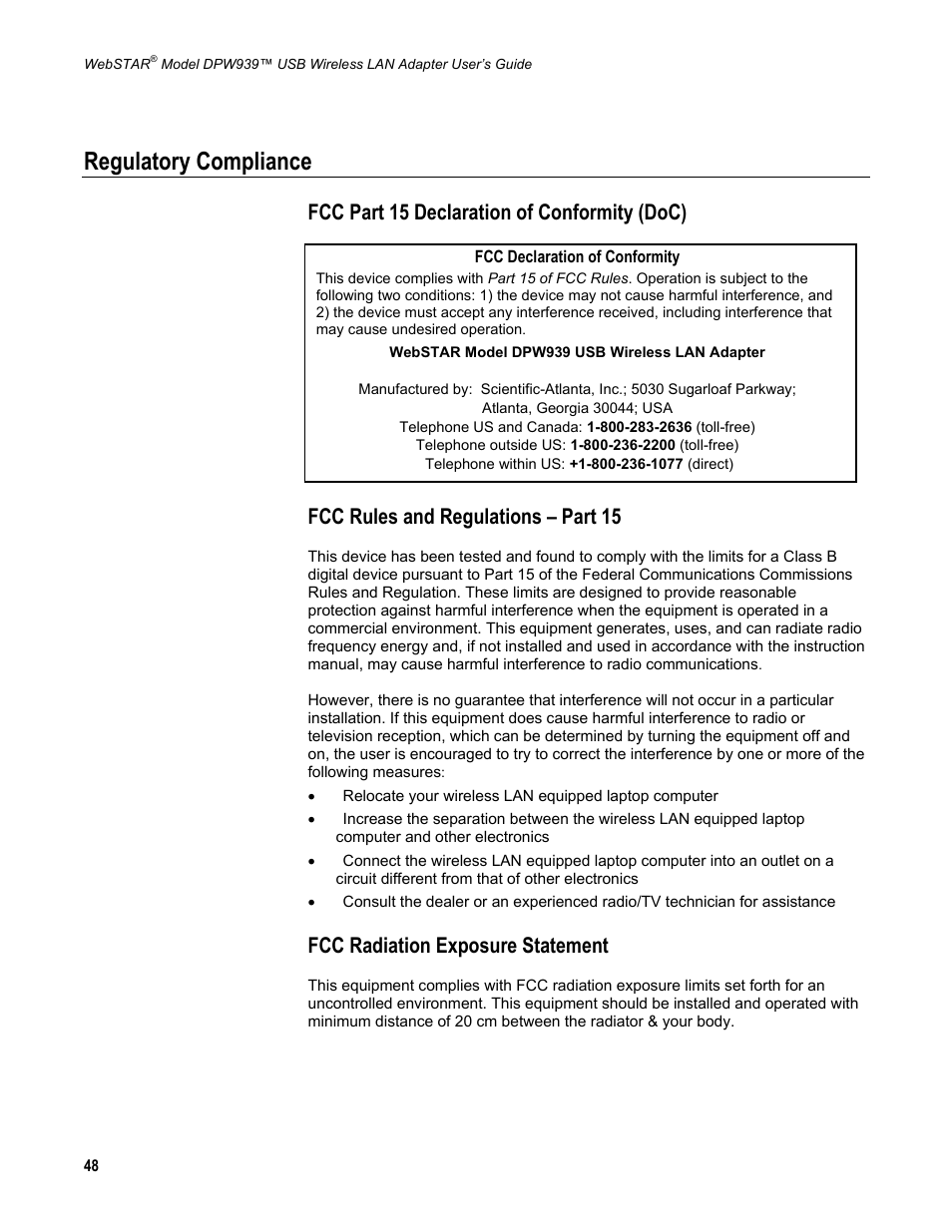 Regulatory compliance, Fcc part 15 declaration of conformity (doc), Fcc rules and regulations – part 15 | Fcc radiation exposure statement | Scientific Atlanta DPW939 User Manual | Page 49 / 50