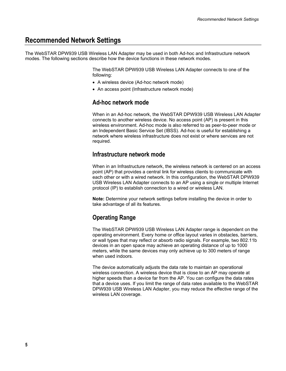 Recommended network settings, Ad-hoc network mode, Infrastructure network mode | Operating range | Scientific Atlanta DPW939 User Manual | Page 6 / 50