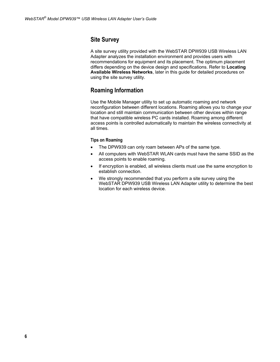 Site survey, Roaming information | Scientific Atlanta DPW939 User Manual | Page 7 / 50