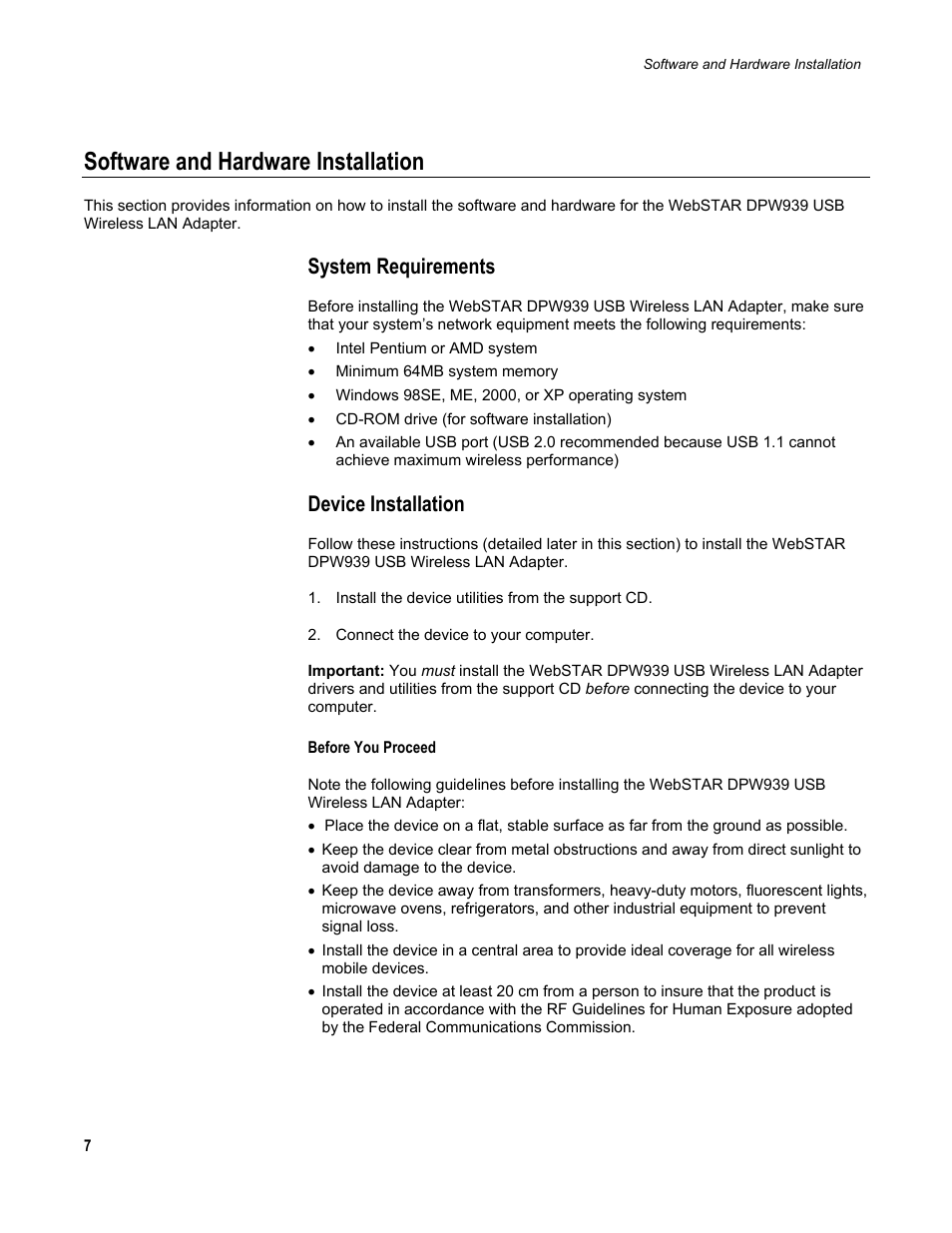 Software and hardware installation, System requirements, Device installation | Scientific Atlanta DPW939 User Manual | Page 8 / 50