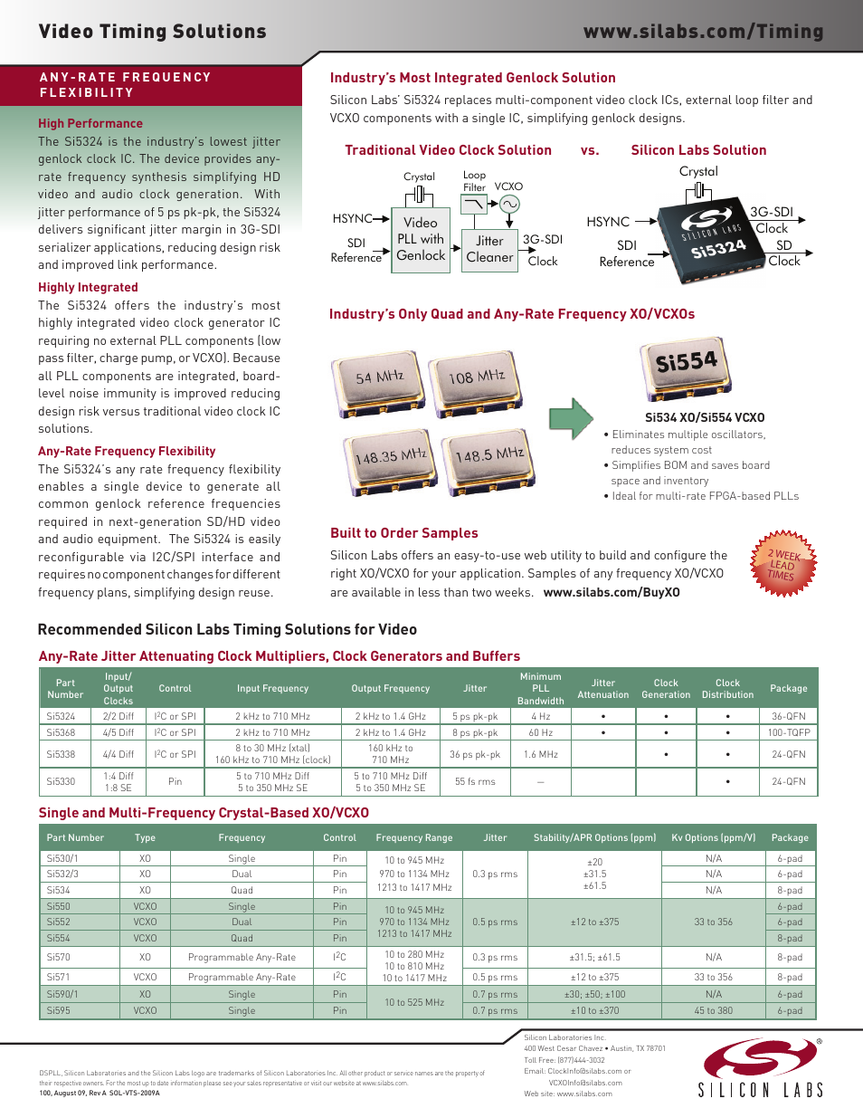 Video timing solutions, Single and multi-frequency crystal-based xo/vcxo, Built to order samples | Jitter cleaner, Video pll with genlock, Vs. industry’s most integrated genlock solution | Silicon Laboratories SI5324 User Manual | Page 2 / 2
