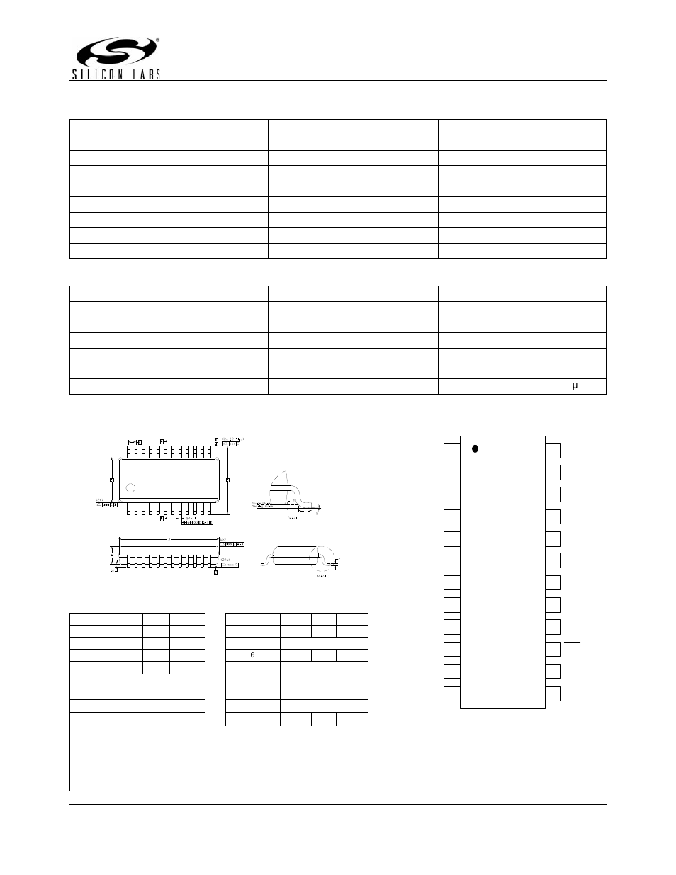 Si4830, Selected fm electrical specifications, Selected am electrical specifications | Package information, Table 1. package dimensions, Pin assignments, Broadcast mechanical tuning am/fm radio receiver | Silicon Laboratories SI4830 User Manual | Page 2 / 2