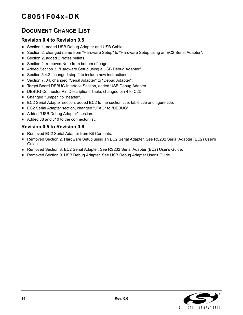 Document change list, Ocument, Hange | Silicon Laboratories C8051F04X-DK User Manual | Page 14 / 16