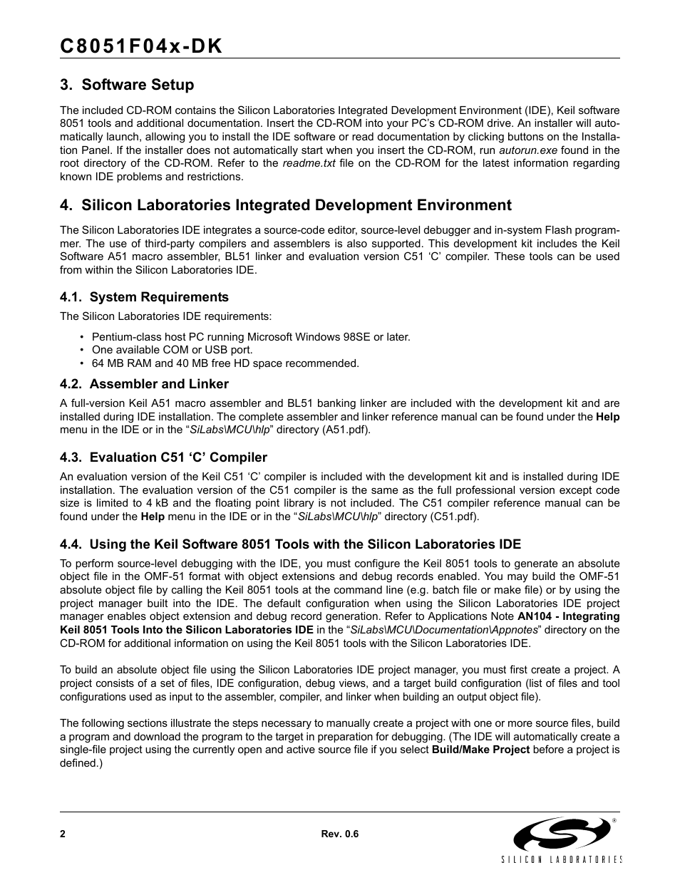 Software setup, System requirements, Assembler and linker | Evaluation c51 ‘c’ compiler | Silicon Laboratories C8051F04X-DK User Manual | Page 2 / 16