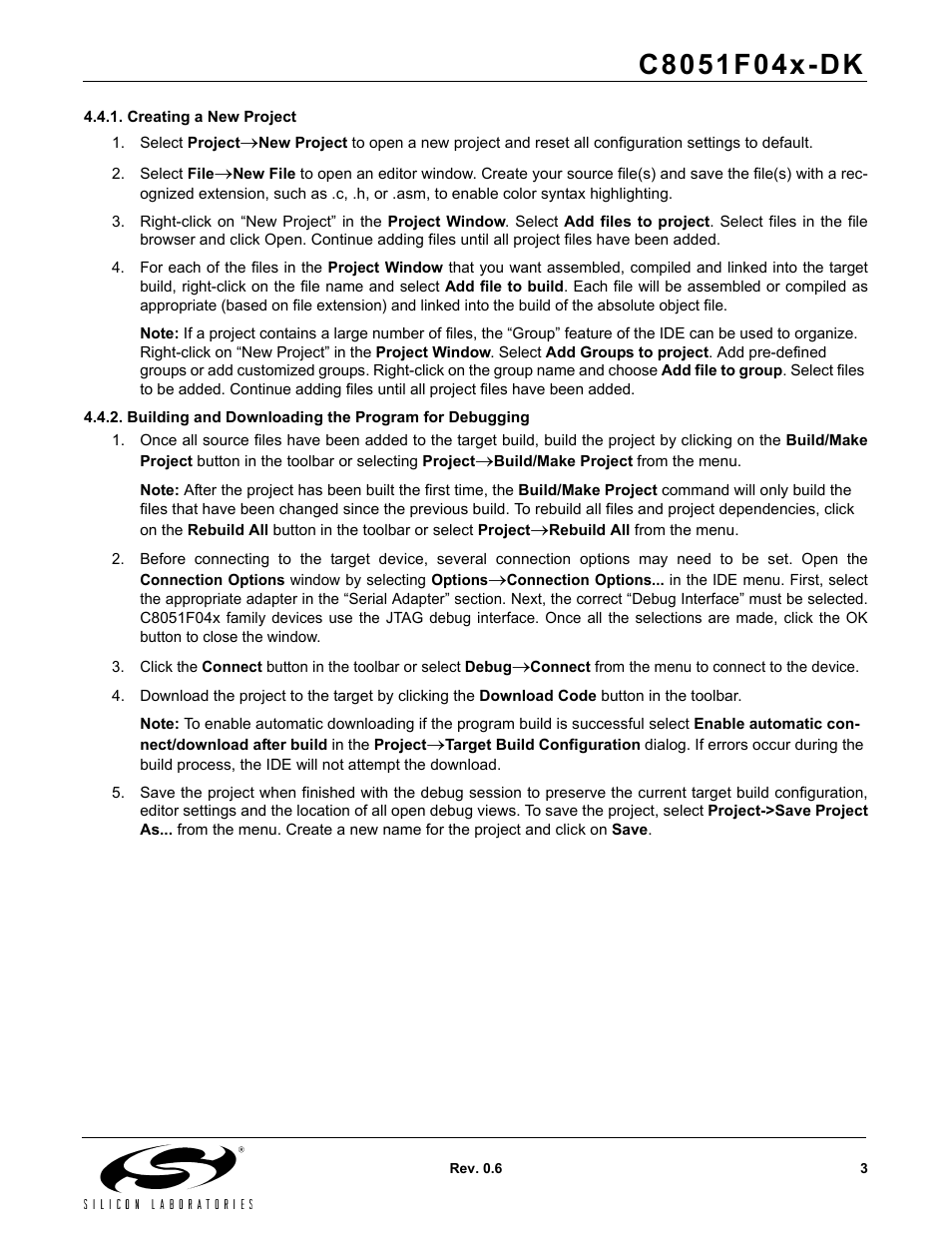 Creating a new project, Building and downloading the program for debugging | Silicon Laboratories C8051F04X-DK User Manual | Page 3 / 16