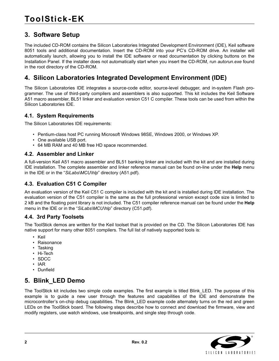 Software setup, System requirements, Assembler and linker | Evaluation c51 c compiler, 3rd party toolsets, Blink_led demo, Toolstick-ek | Silicon Laboratories TOOLSTICK EK User Manual | Page 2 / 8