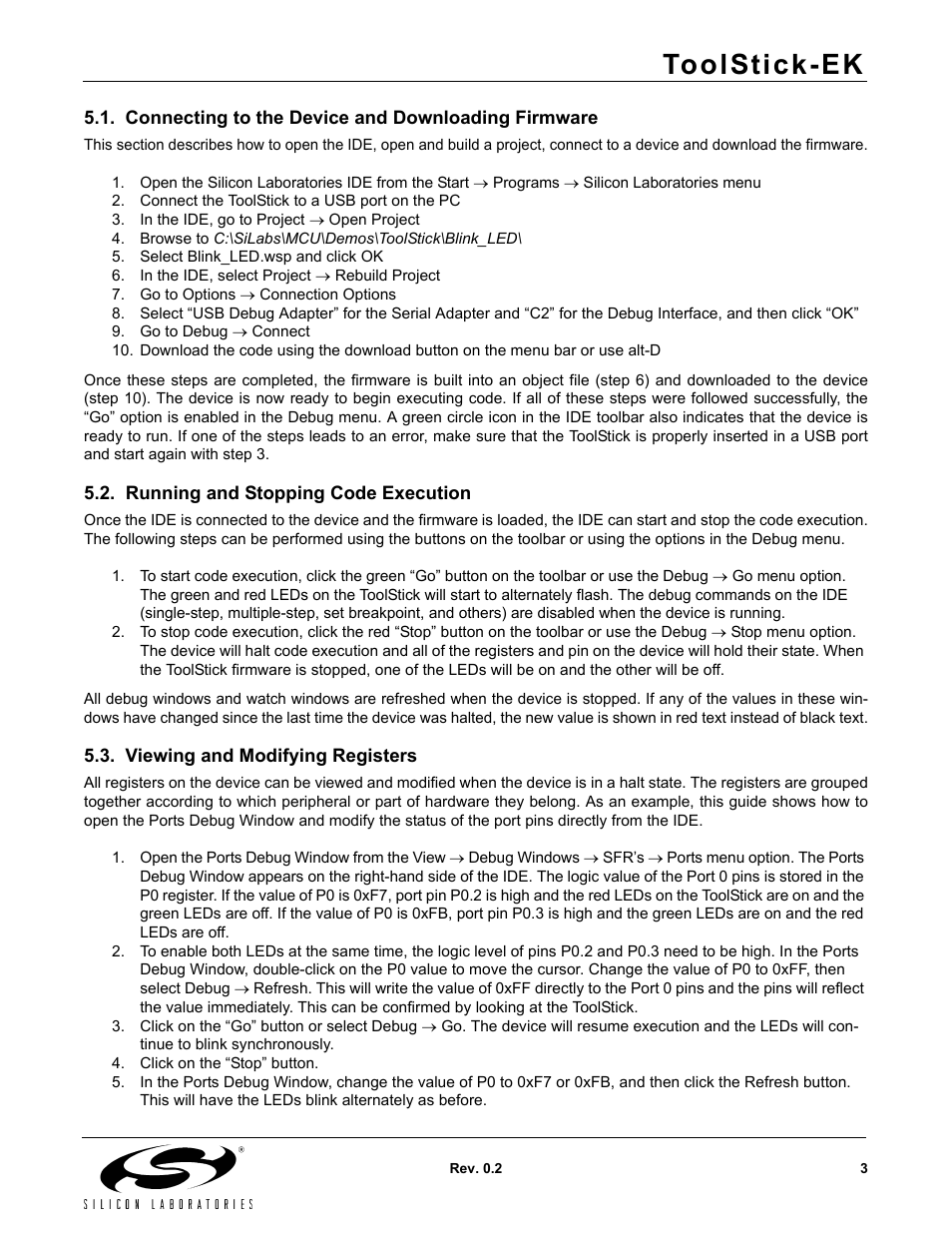 Connecting to the device and downloading firmware, Running and stopping code execution, Viewing and modifying registers | Toolstick-ek | Silicon Laboratories TOOLSTICK EK User Manual | Page 3 / 8