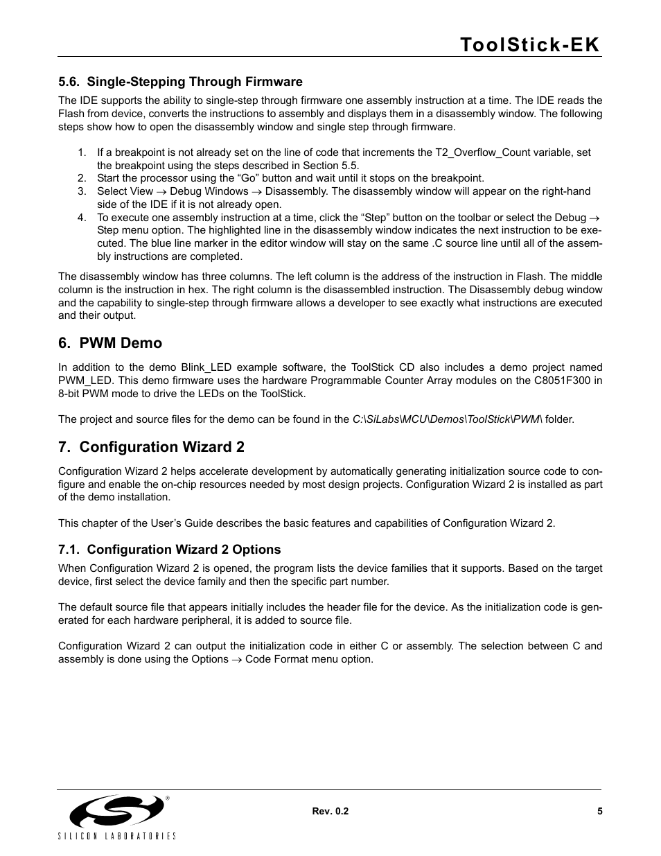 Single-stepping through firmware, Pwm demo, Configuration wizard 2 | Configuration wizard 2 options, Toolstick-ek | Silicon Laboratories TOOLSTICK EK User Manual | Page 5 / 8