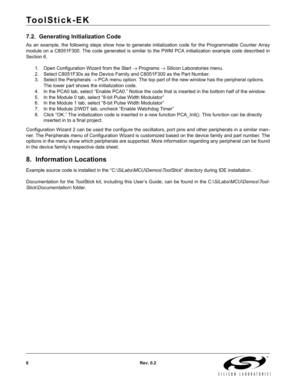 Generating initialization code, Information locations, Toolstick-ek | Silicon Laboratories TOOLSTICK EK User Manual | Page 6 / 8