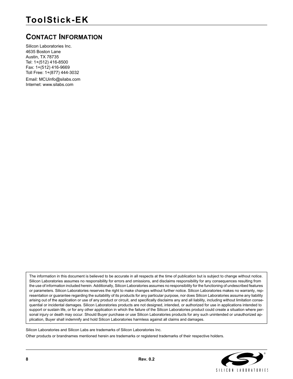 Contact information, Toolstick-ek | Silicon Laboratories TOOLSTICK EK User Manual | Page 8 / 8