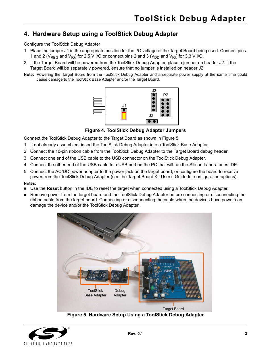 Hardware setup using a toolstick debug adapter, Figure 4. toolstick debug adapter jumpers, Toolstick debug adapter | Silicon Laboratories Debug Adapter User Manual | Page 3 / 6