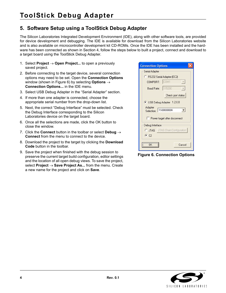 Software setup using a toolstick debug adapter, Figure 6. connection options, Toolstick debug adapter | Silicon Laboratories Debug Adapter User Manual | Page 4 / 6