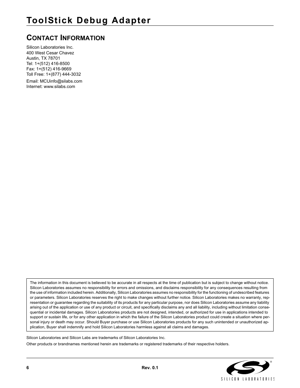 Contact information, Toolstick debug adapter | Silicon Laboratories Debug Adapter User Manual | Page 6 / 6