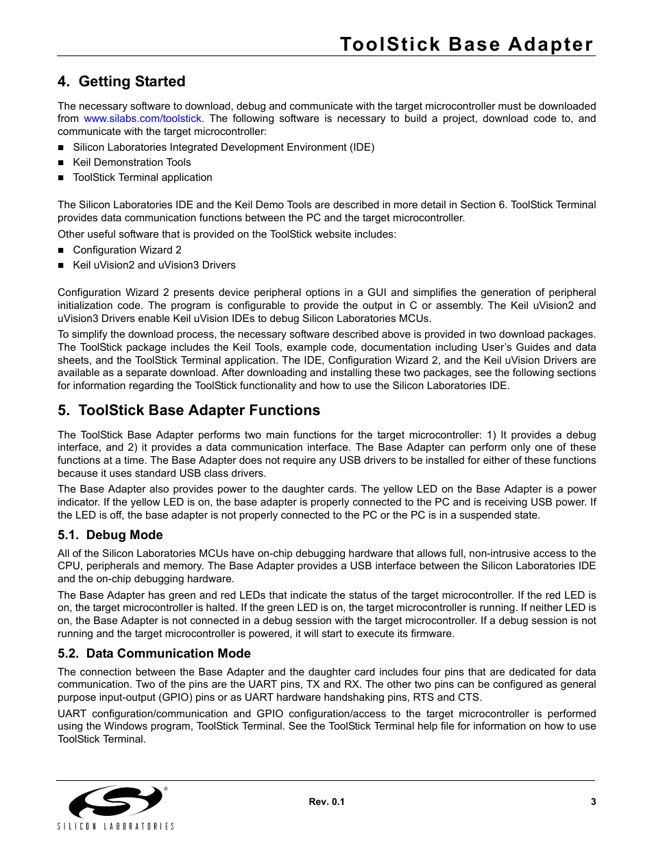 Getting started, Toolstick base adapter functions, Debug mode | Data communication mode, Toolstick base adapter | Silicon Laboratories ToolStick Base Adapter User Manual | Page 3 / 6