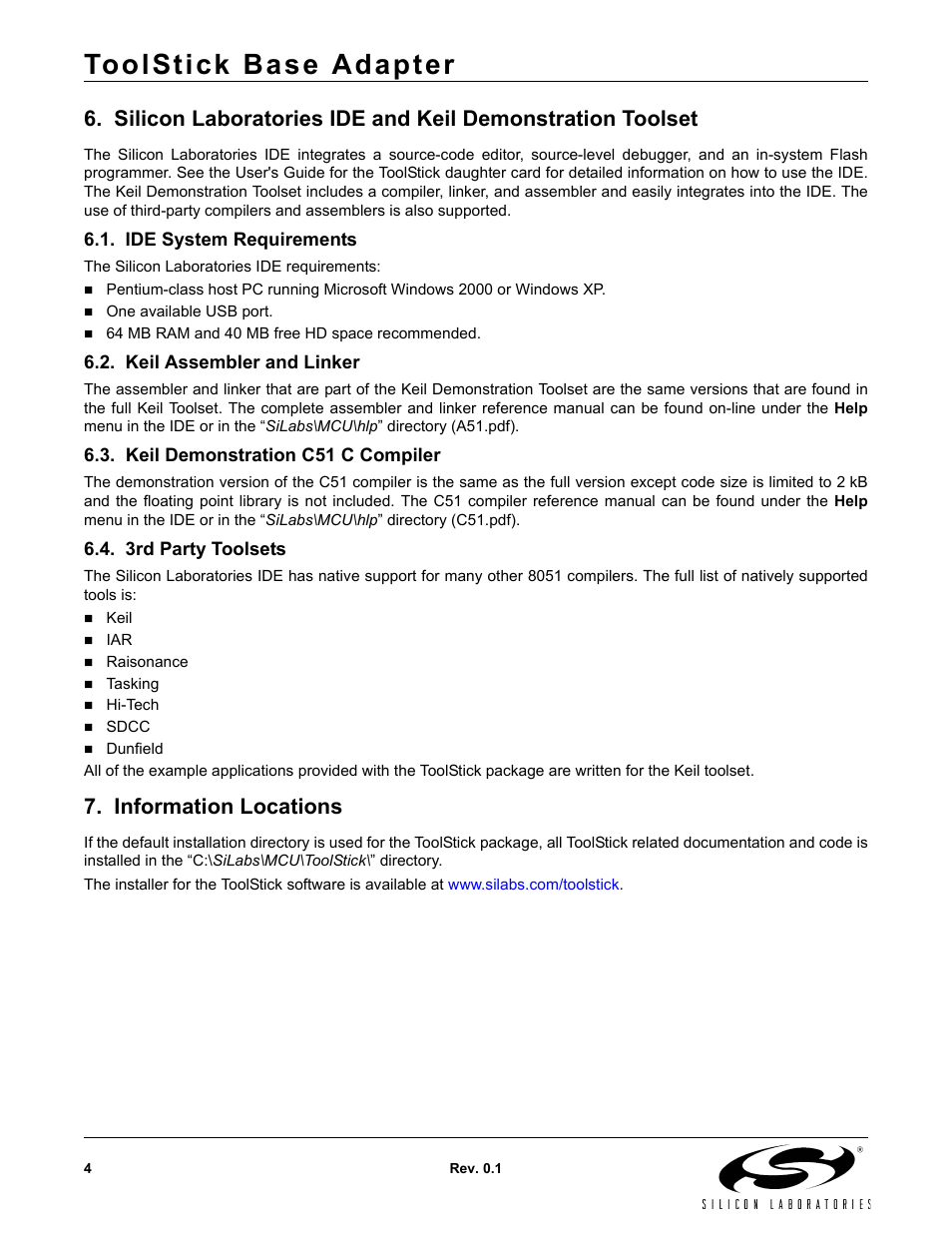 Ide system requirements, Keil assembler and linker, Keil demonstration c51 c compiler | 3rd party toolsets, Information locations, Toolstick base adapter | Silicon Laboratories ToolStick Base Adapter User Manual | Page 4 / 6