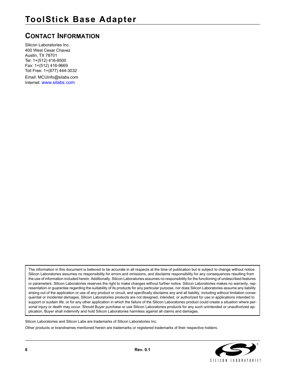 Contact information, Toolstick base adapter | Silicon Laboratories ToolStick Base Adapter User Manual | Page 6 / 6