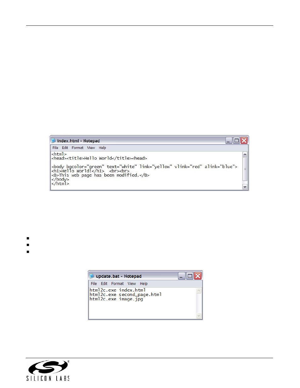 Stage 4—adding web server content, Modifying the source html content, Updating the file arrays using html2c | Ethernet-dk | Silicon Laboratories Network Card User Manual | Page 27 / 40