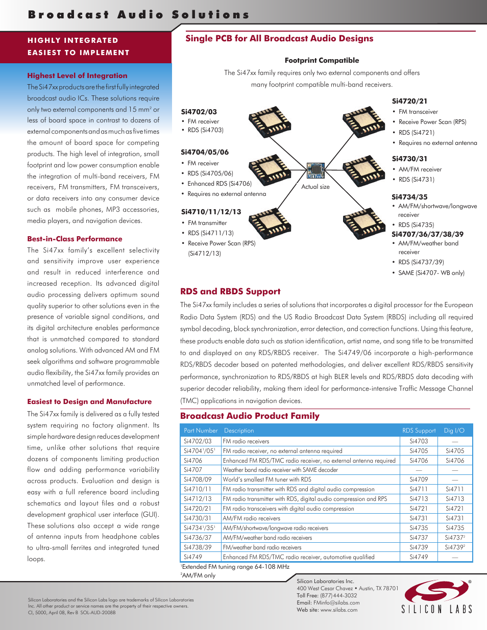 Broadcast audio product family, Rds and rbds support, Single pcb for all broadcast audio designs | Silicon Laboratories SI47XX User Manual | Page 2 / 2