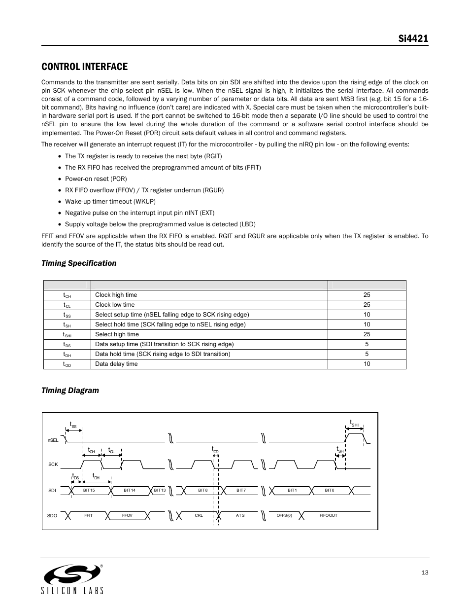 Si4421 control interface, Timing specification, Timing diagram | Silicon Laboratories SI4421 User Manual | Page 13 / 45