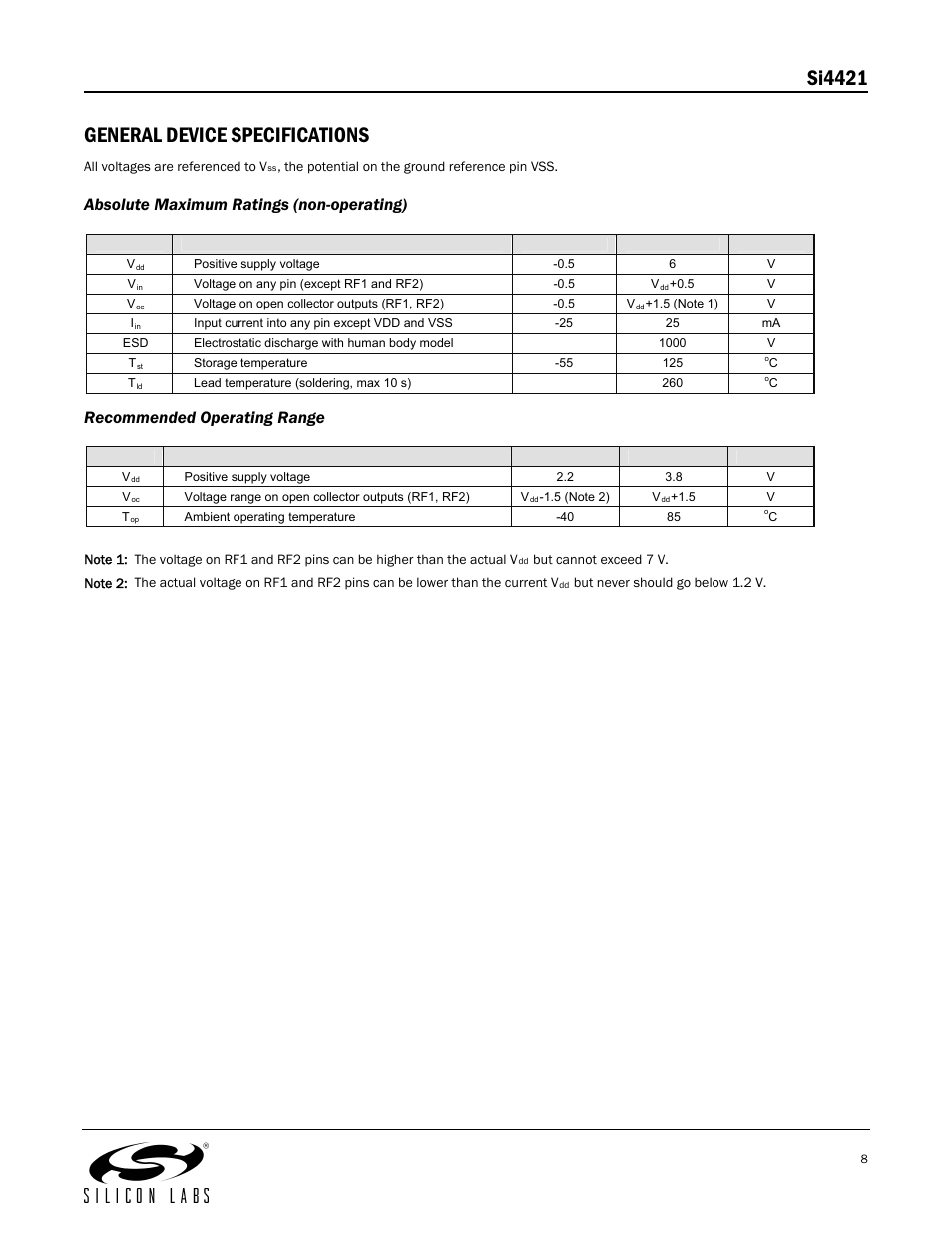Si4421 general device specifications, Absolute maximum ratings (non-operating), Recommended operating range | Silicon Laboratories SI4421 User Manual | Page 8 / 45