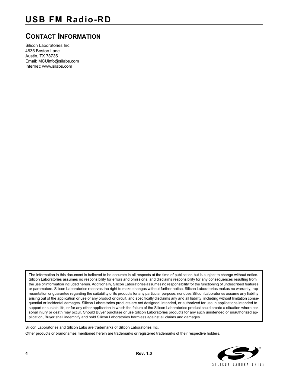 Contact information, Usb fm radio-rd | Silicon Laboratories Radio User Manual | Page 4 / 4