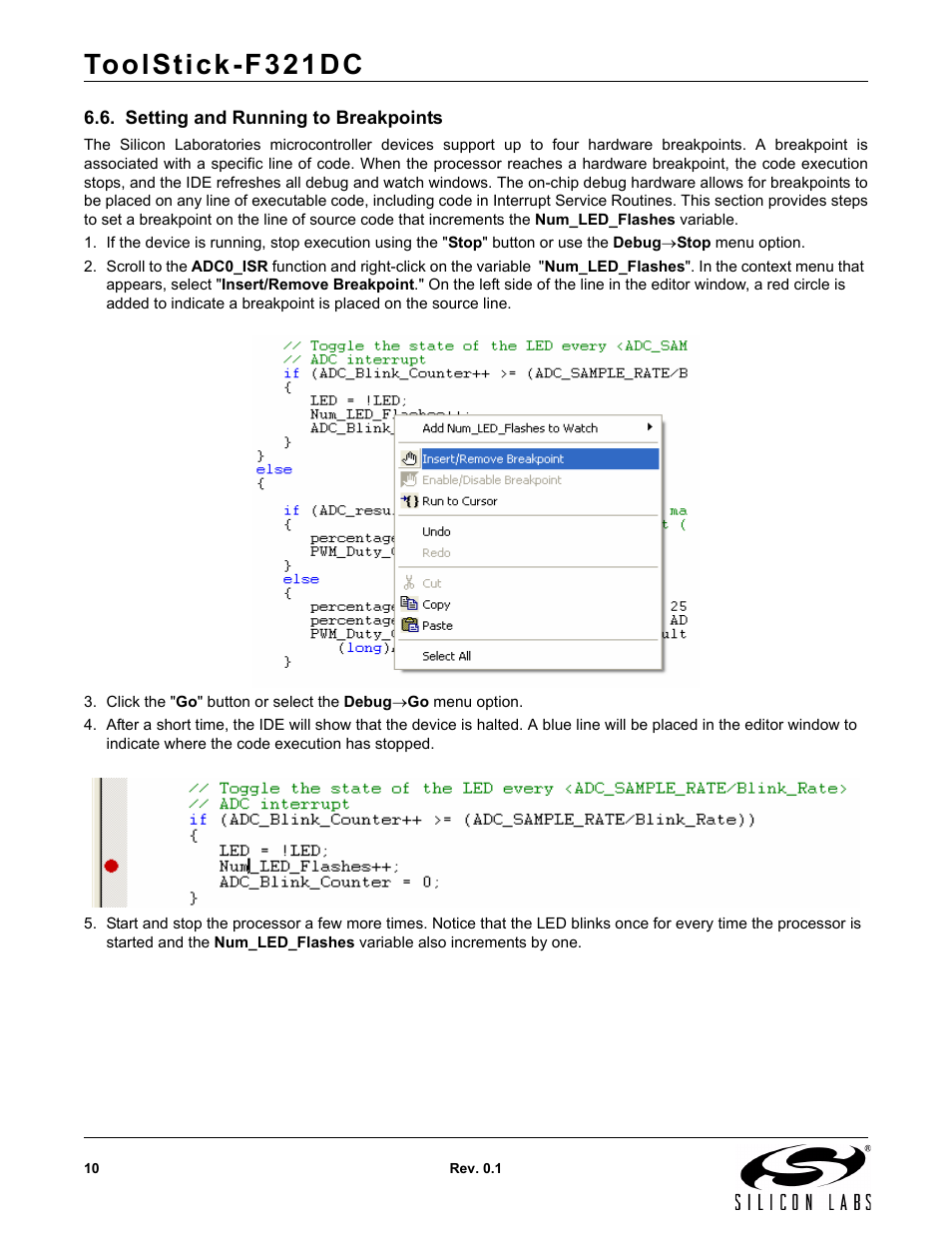 Setting and running to breakpoints, Toolstick-f321dc | Silicon Laboratories F321DC User Manual | Page 10 / 16