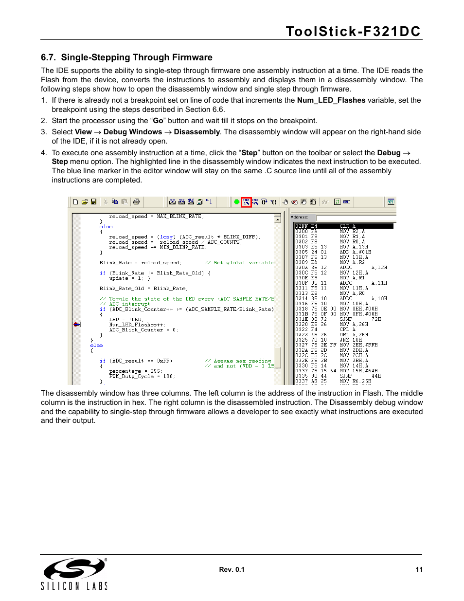 Single-stepping through firmware, Toolstick-f321dc | Silicon Laboratories F321DC User Manual | Page 11 / 16