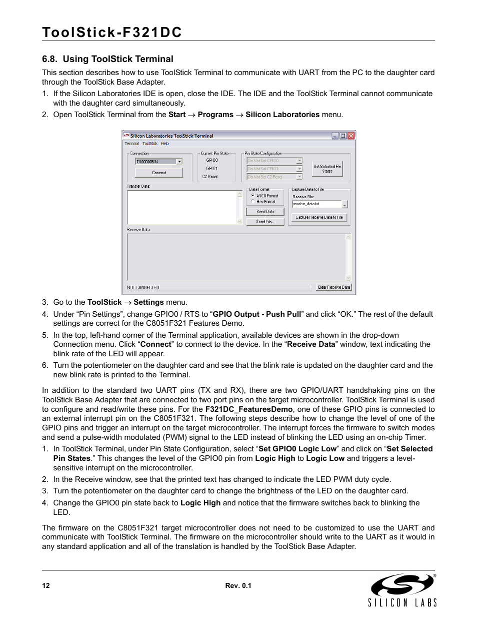 Using toolstick terminal, Toolstick-f321dc | Silicon Laboratories F321DC User Manual | Page 12 / 16