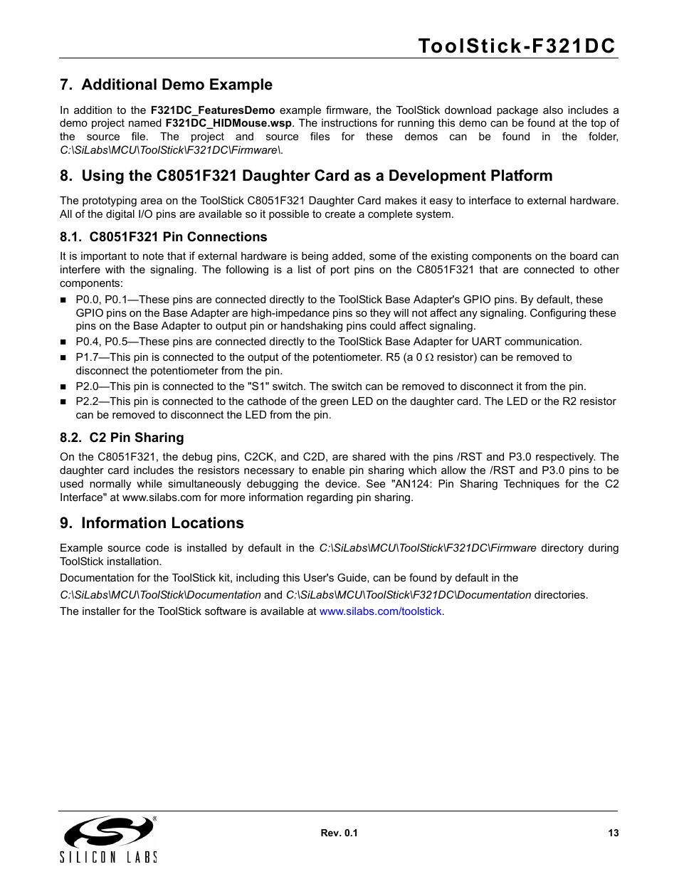 Additional demo example, C8051f321 pin connections, C2 pin sharing | Information locations, Toolstick-f321dc | Silicon Laboratories F321DC User Manual | Page 13 / 16