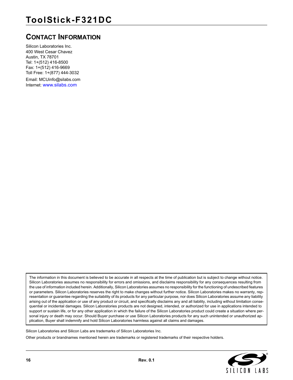 Contact information, Toolstick-f321dc | Silicon Laboratories F321DC User Manual | Page 16 / 16
