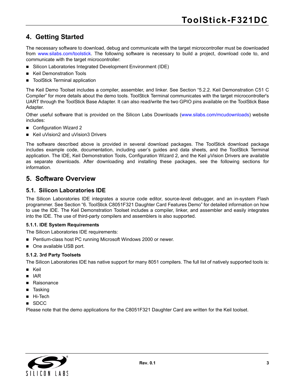 Getting started, Software overview, Silicon laboratories ide | Ide system requirements, 3rd party toolsets, Toolstick-f321dc | Silicon Laboratories F321DC User Manual | Page 3 / 16