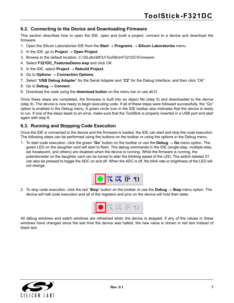 Connecting to the device and downloading firmware, Running and stopping code execution, Toolstick-f321dc | Silicon Laboratories F321DC User Manual | Page 7 / 16