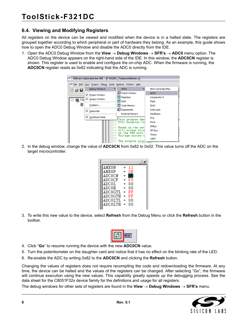 Viewing and modifying registers, Toolstick-f321dc | Silicon Laboratories F321DC User Manual | Page 8 / 16