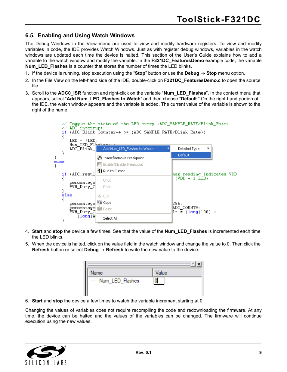 Enabling and using watch windows, Toolstick-f321dc | Silicon Laboratories F321DC User Manual | Page 9 / 16