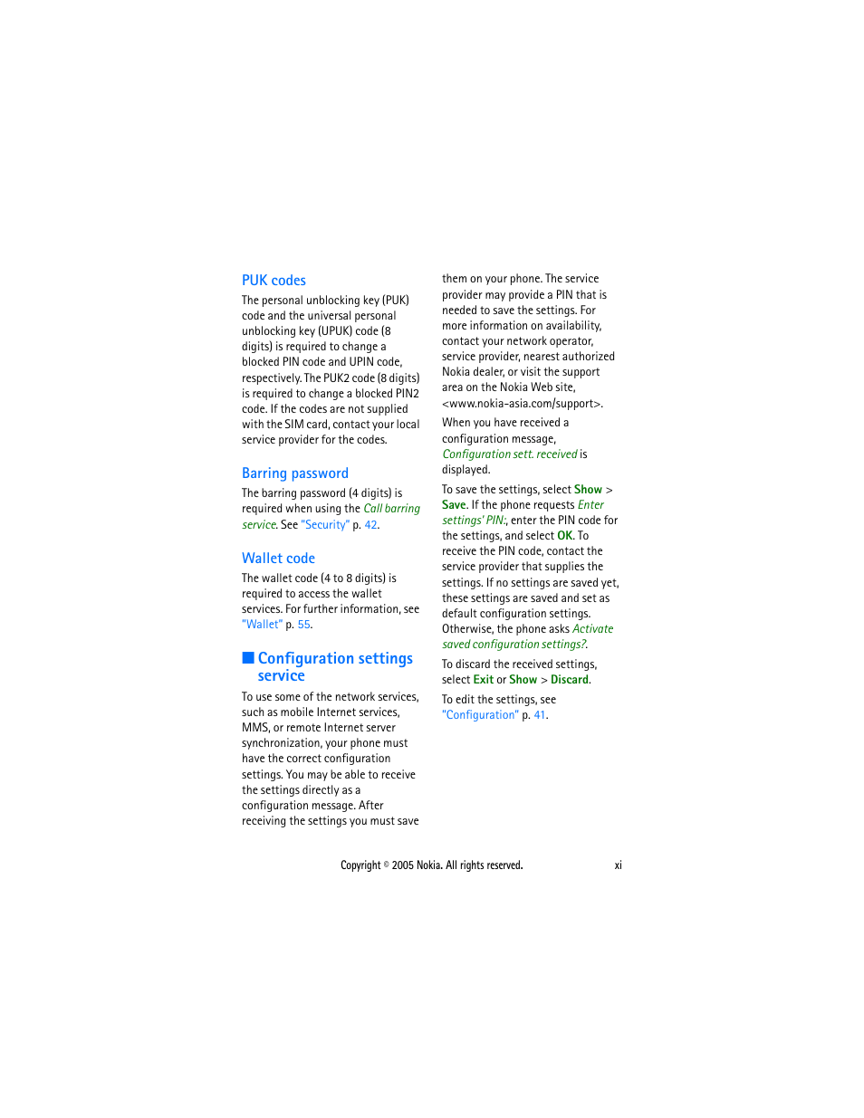 Puk codes, Barring password, Wallet code | Configuration settings service, Configuration settings service ....... xi | Sonic Alert Nokia phone 6021 User Manual | Page 12 / 99