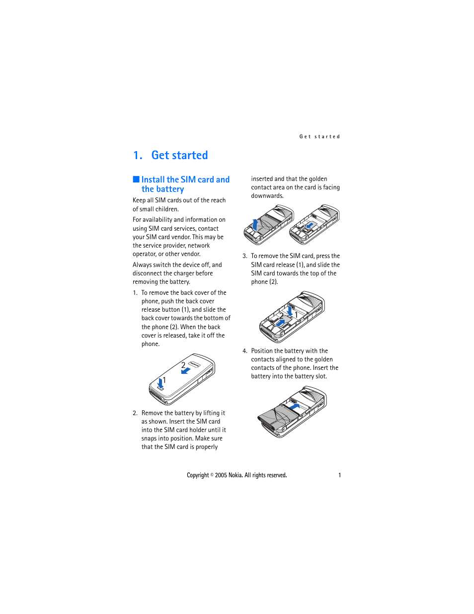 Get started, Install the sim card and the battery | Sonic Alert Nokia phone 6021 User Manual | Page 14 / 99