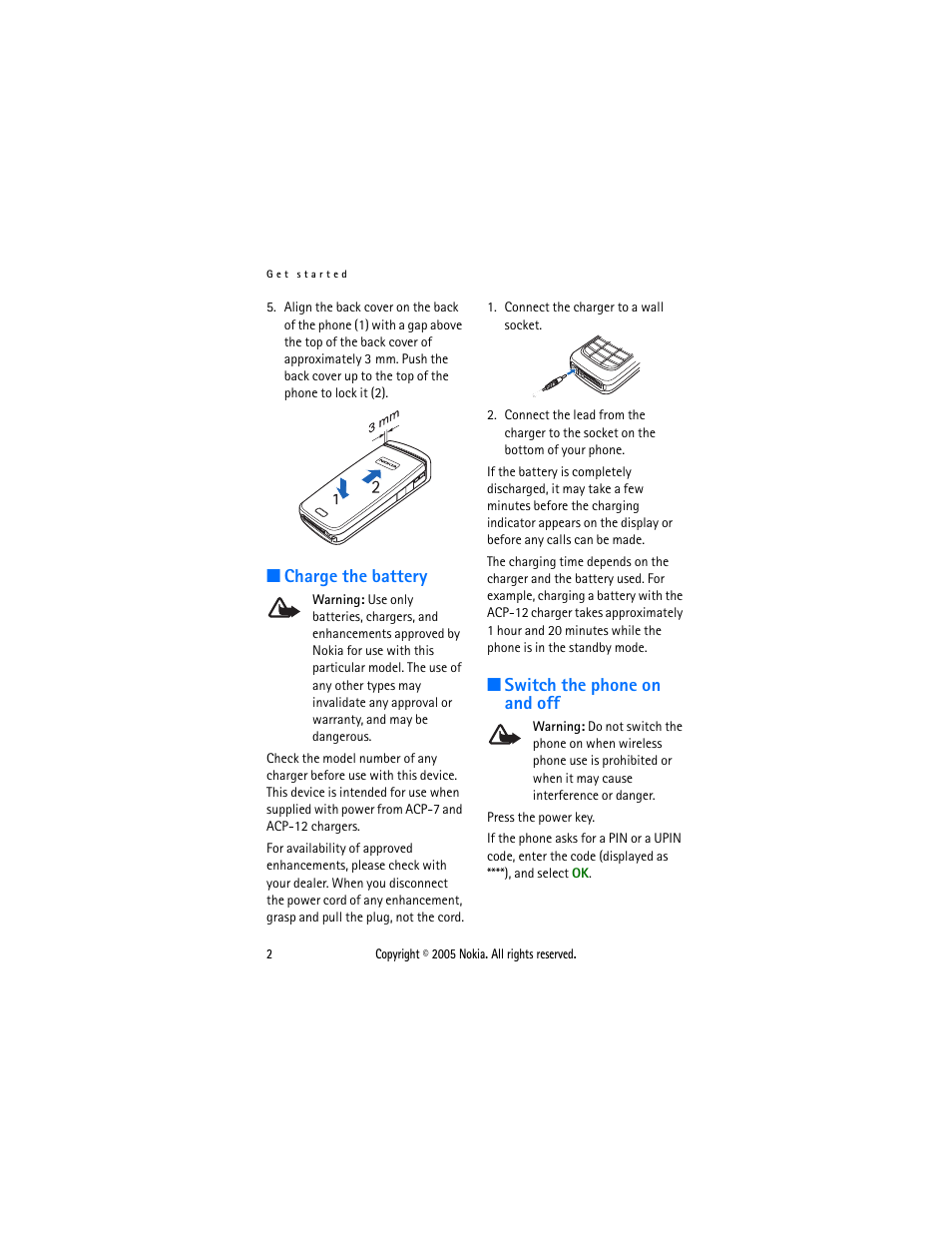 Charge the battery, Switch the phone on and off, Charge the battery switch the phone on and off | Sonic Alert Nokia phone 6021 User Manual | Page 15 / 99