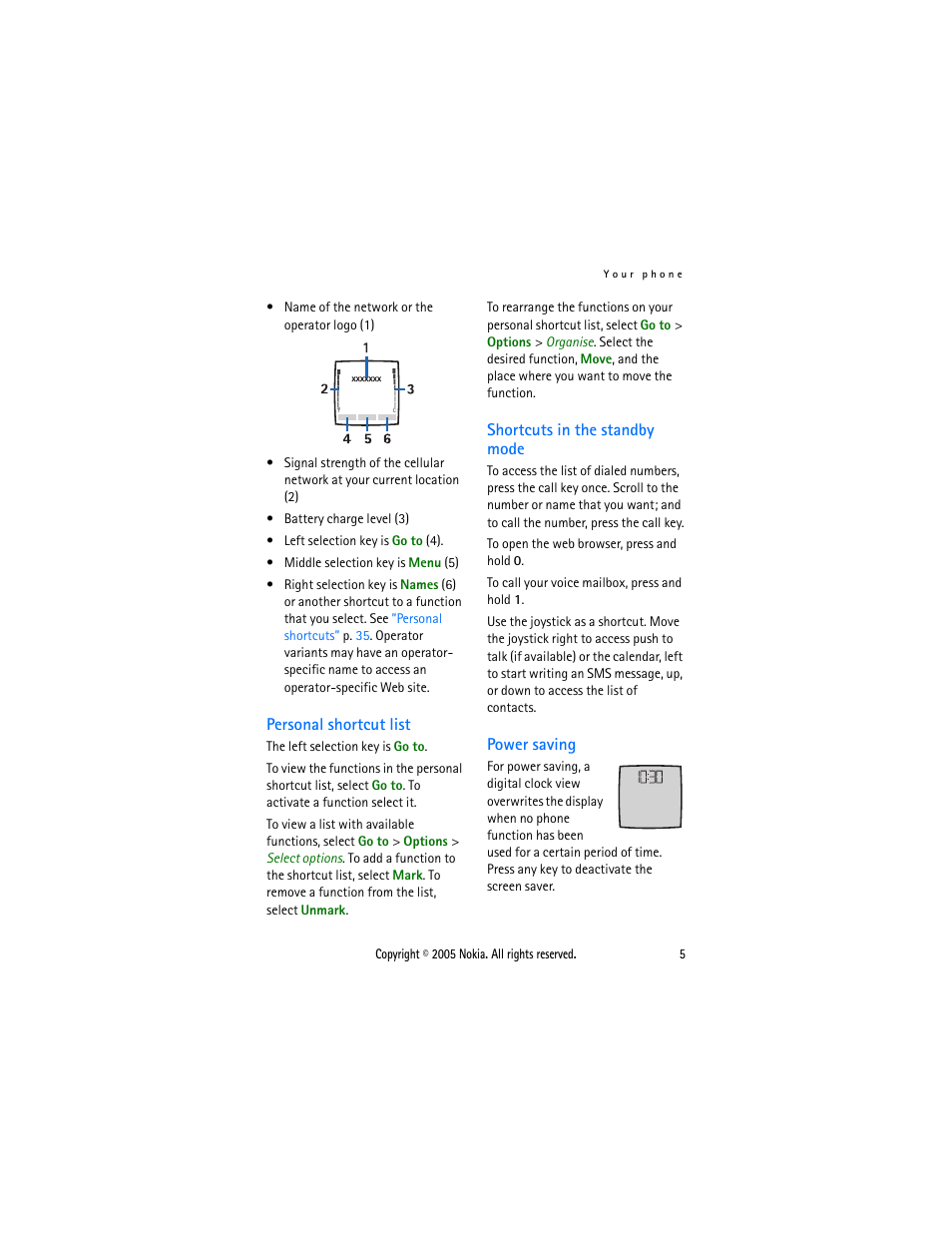 Personal shortcut list, Shortcuts in the standby mode, Power saving | Sonic Alert Nokia phone 6021 User Manual | Page 18 / 99