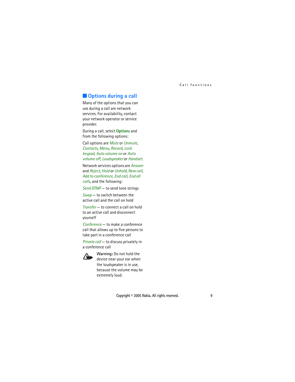 Options during a call, Activated, see, Options | During a call | Sonic Alert Nokia phone 6021 User Manual | Page 22 / 99