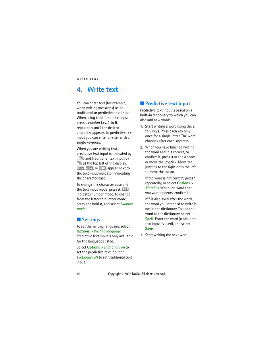 Write text, Settings, Predictive text input | Settings predictive text input | Sonic Alert Nokia phone 6021 User Manual | Page 23 / 99