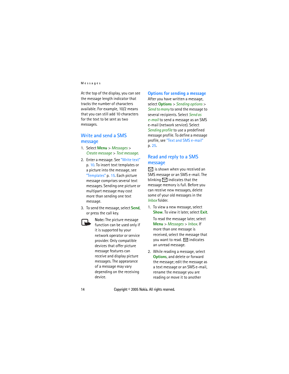 Write and send a sms message, Read and reply to a sms message | Sonic Alert Nokia phone 6021 User Manual | Page 27 / 99