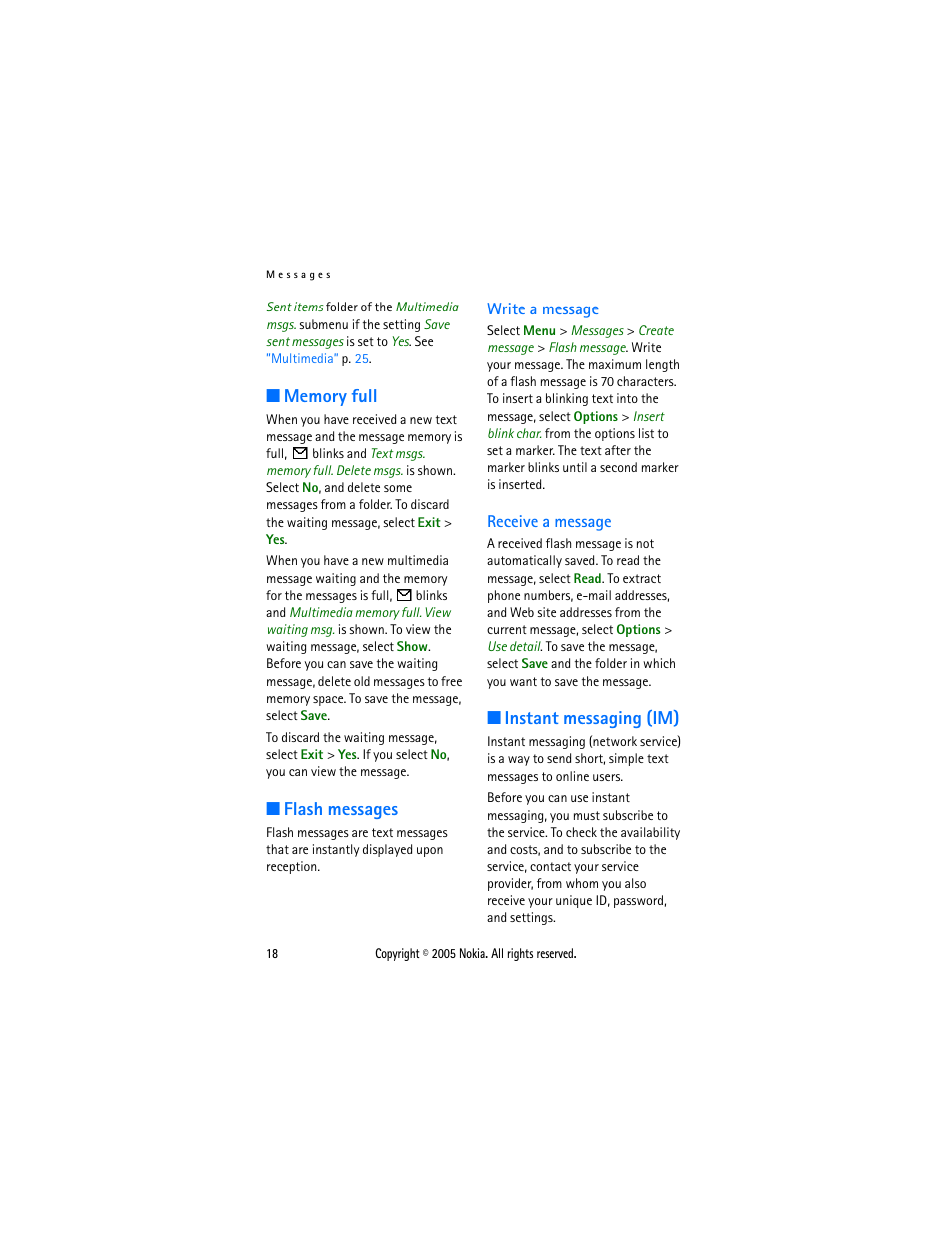 Memory full, Flash messages, Write a message | Receive a message, Instant messaging (im), Memory full flash messages, Write a message receive a message, Instant, Messaging (im) | Sonic Alert Nokia phone 6021 User Manual | Page 31 / 99