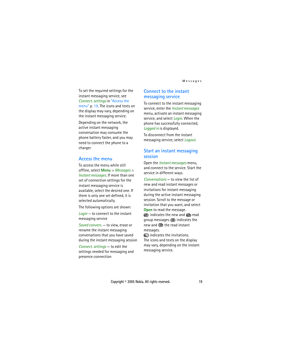 Access the menu, Connect to the instant messaging service, Start an instant messaging session | Connect, To the instant messaging service, Service. see, Connect to the, Instant messaging service | Sonic Alert Nokia phone 6021 User Manual | Page 32 / 99