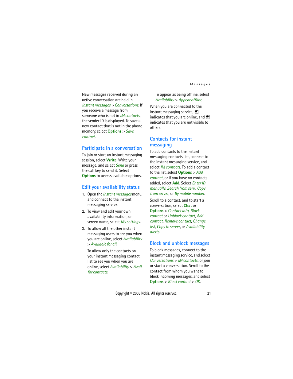 Participate in a conversation, Edit your availability status, Contacts for instant messaging | Block and unblock messages, Acts see, Contacts for, Instant messaging | Sonic Alert Nokia phone 6021 User Manual | Page 34 / 99