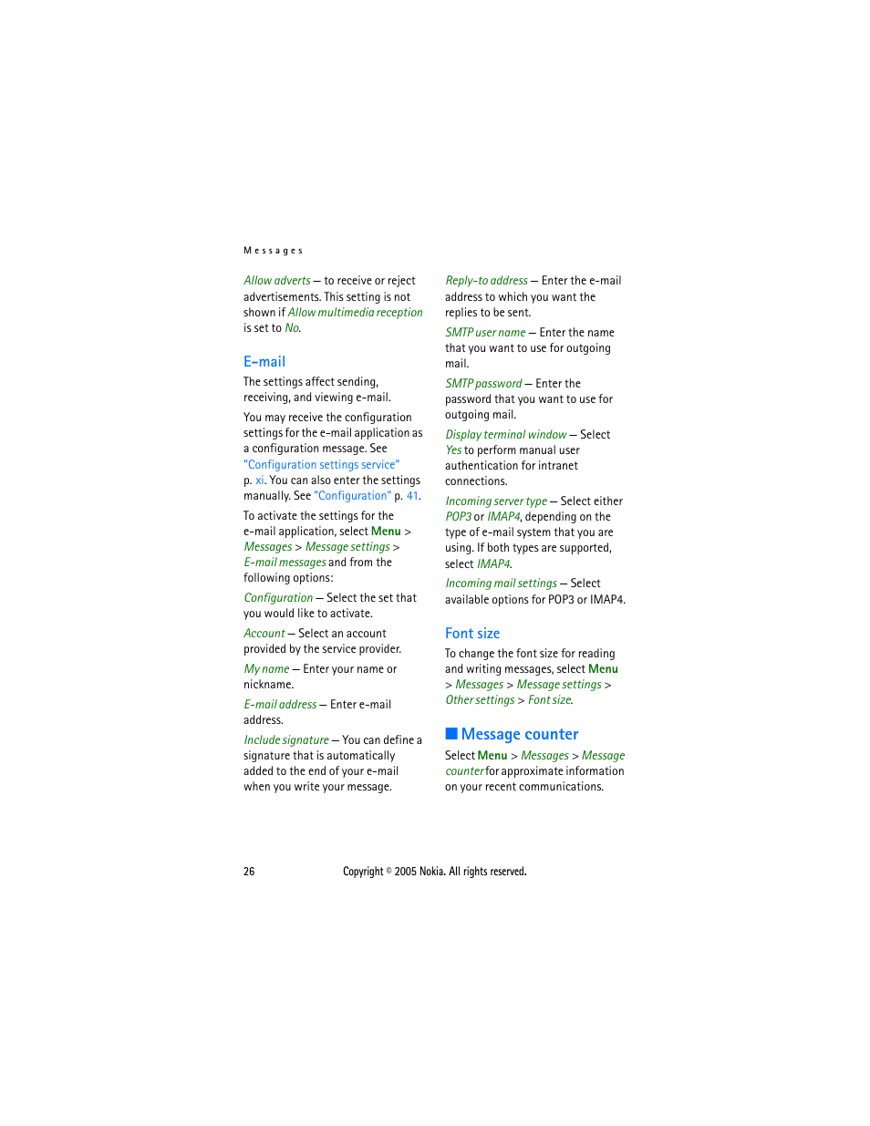 E-mail, Font size, Message counter | E-mail font size | Sonic Alert Nokia phone 6021 User Manual | Page 39 / 99