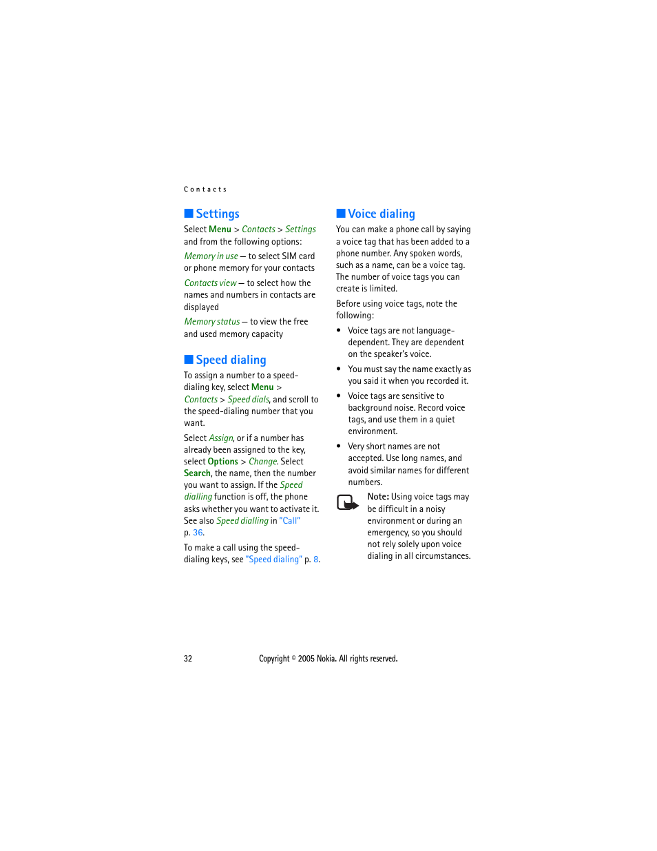 Settings, Speed dialing, Voice dialing | Settings speed dialing voice dialing, Call | Sonic Alert Nokia phone 6021 User Manual | Page 45 / 99