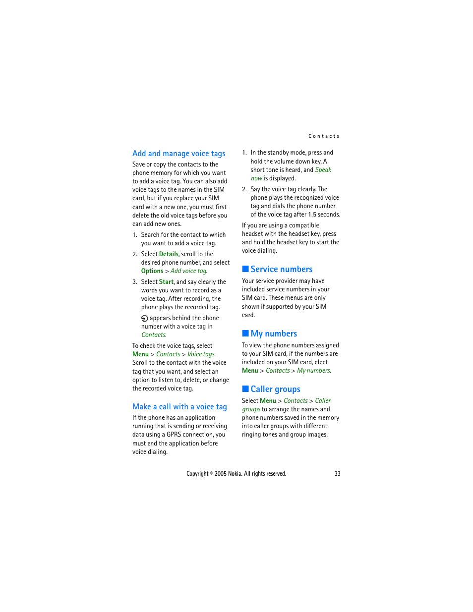 Add and manage voice tags, Make a call with a voice tag, Service numbers | My numbers, Caller groups, Service numbers my numbers caller groups | Sonic Alert Nokia phone 6021 User Manual | Page 46 / 99