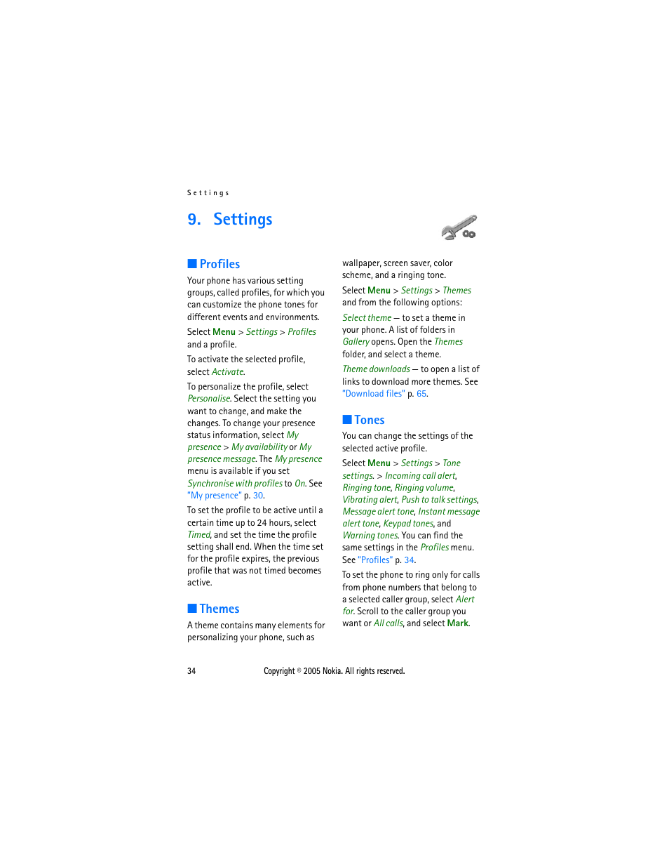 Settings, Profiles, Themes | Tones, Profiles themes tones | Sonic Alert Nokia phone 6021 User Manual | Page 47 / 99