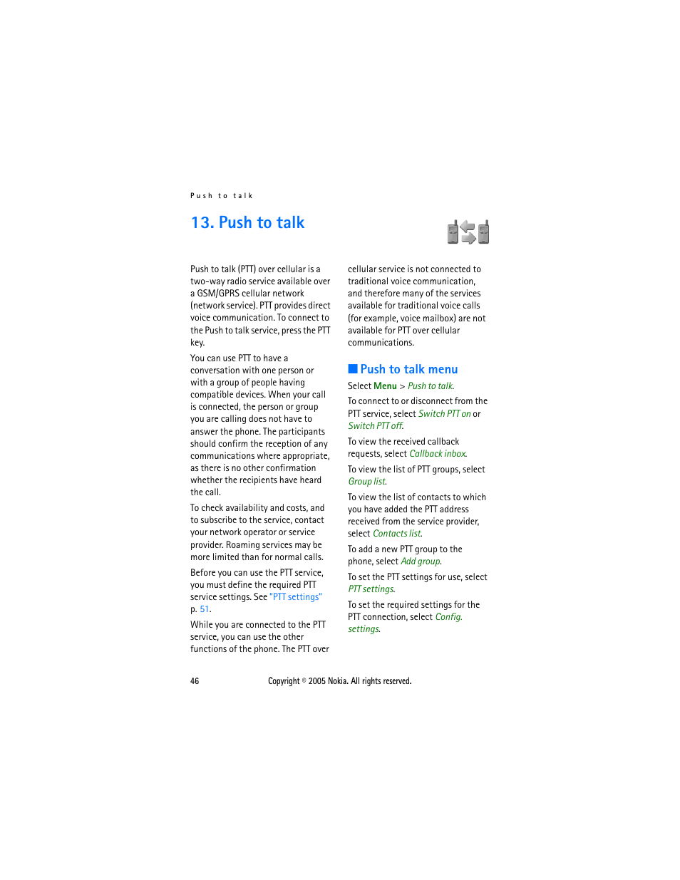 Push to talk, Push to talk menu, Lk. see | Sonic Alert Nokia phone 6021 User Manual | Page 59 / 99