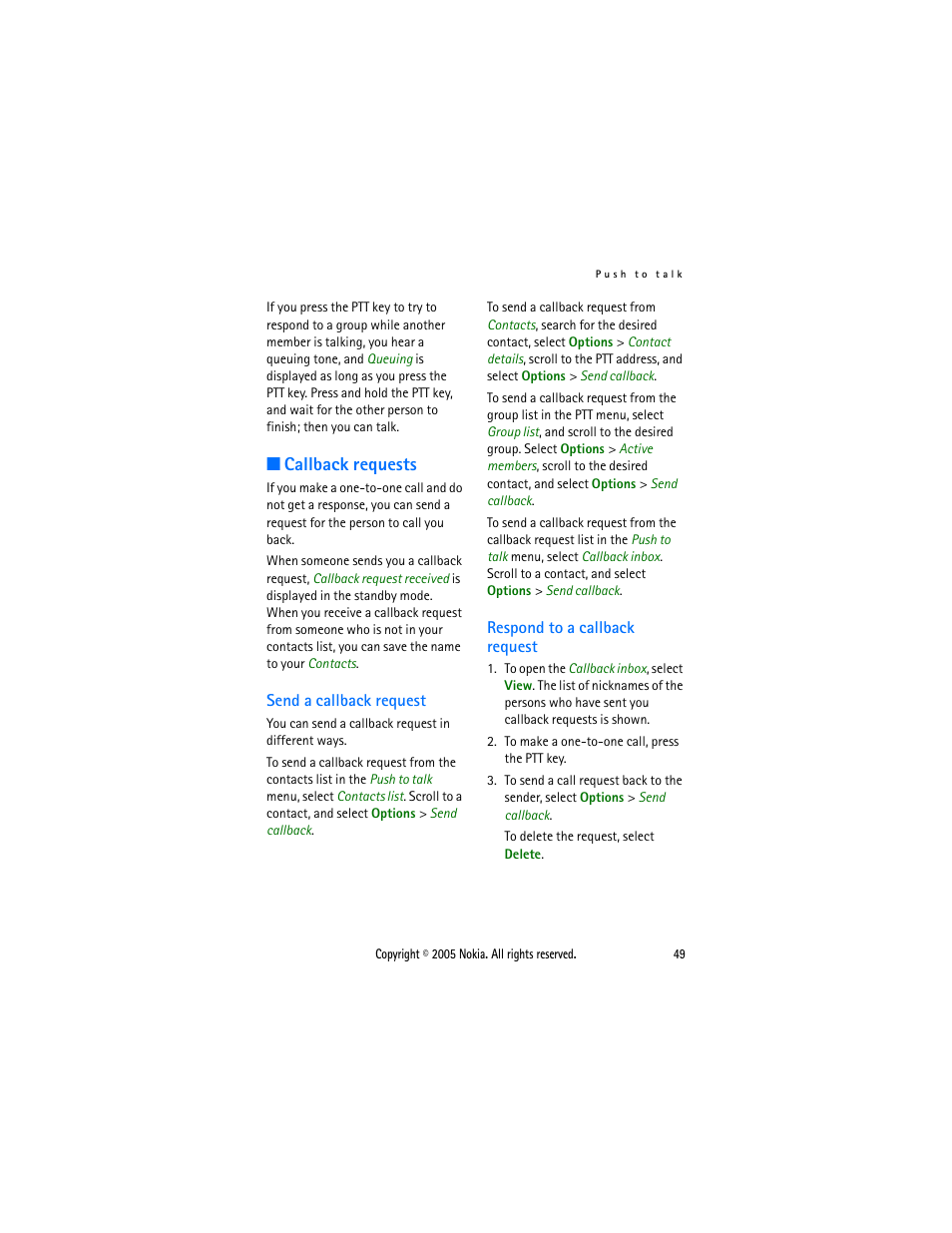 Callback requests, Send a callback request, Respond to a callback request | Sonic Alert Nokia phone 6021 User Manual | Page 62 / 99